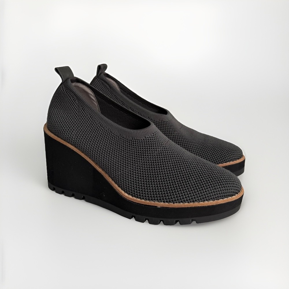 Eileen Fisher Gray Knit Platform Wedge Slip On Shoes Women's Size 8.5